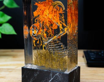 Skeleton Pumpkin Resin Lamp – Creepy Halloween Night Light, Haunted Horror Decor for October