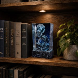 May include: A decorative wolf sculpture with a full moon backdrop, displayed on a wooden shelf alongside a collection of books with titles like "White Fang" and "Cry of the Wild." A potted plant sits nearby.