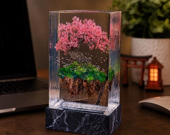 Floating Cherry Blossom Resin Lamp Zen Desk Art Sakura Petal Sculpture for Nature Admirer