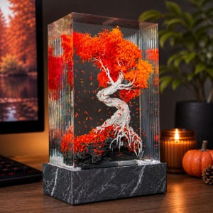 May include: A decorative bonsai tree encased in a clear acrylic block. The tree features a white trunk, vibrant orange and red foliage, and sits atop a black and gray marble base. The artwork is a unique home decor item.