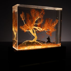 Samurai Training Under Tree 3D Resin Lamp Japanese ninja sword Desk Epoxy Light for Shelf