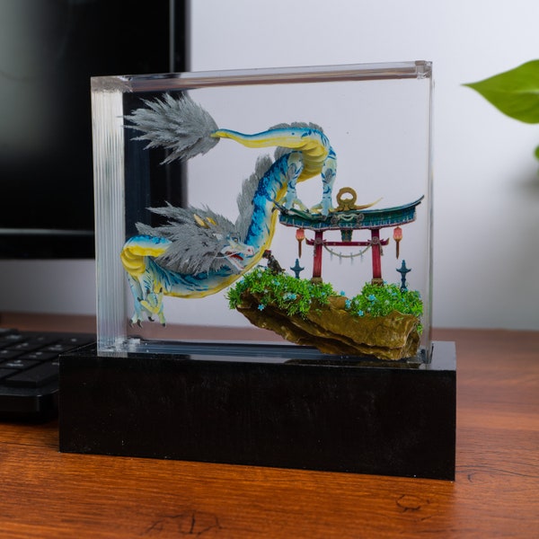 Enchanted Dragon Shrine Resin Art: Mystical Lightbox of Myth & Prayer. Meeting divine Beast Sculpture. Gift for year of dragon, desklight