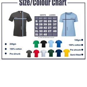 K&ouml;nnte beinhalten: Gr&ouml;&szlig;en- und Farbtabelle f&uuml;r T-Shirts. Die Tabelle zeigt die Ma&szlig;e in Zoll f&uuml;r Herren- und Damen-Gr&ouml;&szlig;en. Die Tabelle zeigt auch verschiedene Farben von T-Shirts, darunter Gr&uuml;n, Schwarz, Blau, Rot, Wei&szlig; und Gelb.