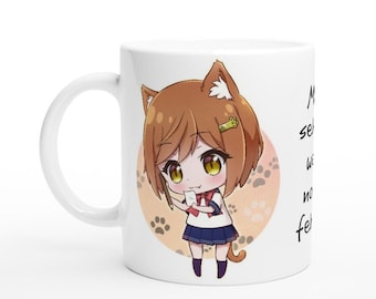 Schoolcat-chan on white ceramic mug, Chibi Catgirl on mug