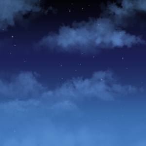 May include: A dark blue night sky with white stars and fluffy white clouds.