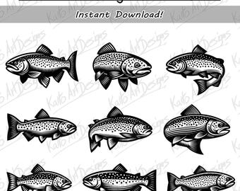 Forellenfisch Set - Fisch Set mit 9 Forellen - Clip Art - Vector SVG und PNG Datei - Sofort Download