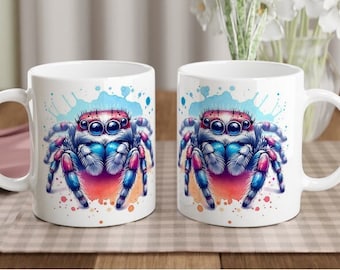 Sweet little jumping spider on a white ceramic mug, coffee cup, gift idea.