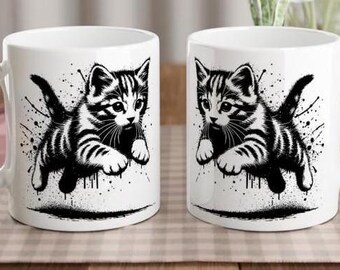Cute little kitten on white coffee mug, ceramic mug, gift idea