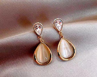 Gold Plated Dangle Earrings with White Pearl - Elegant Wedding Jewelry