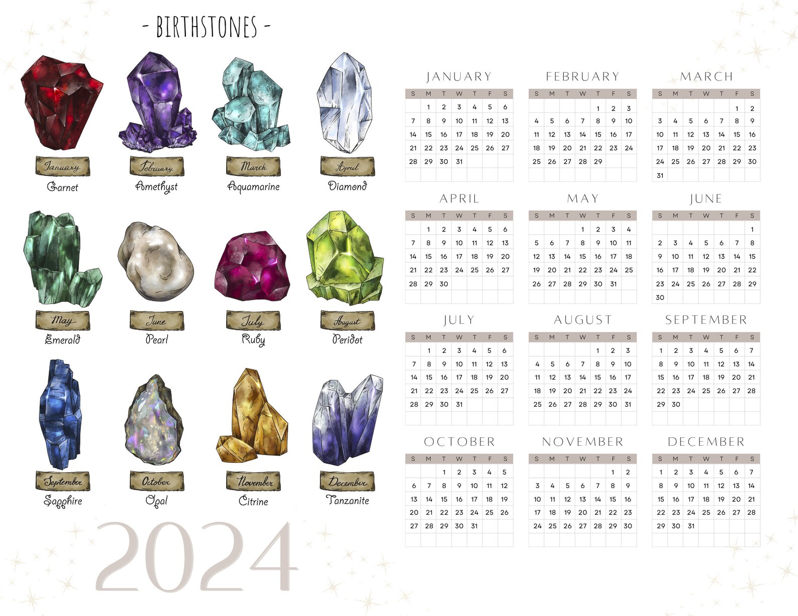 Crystal Birthstone 2024year Calendar Etsy