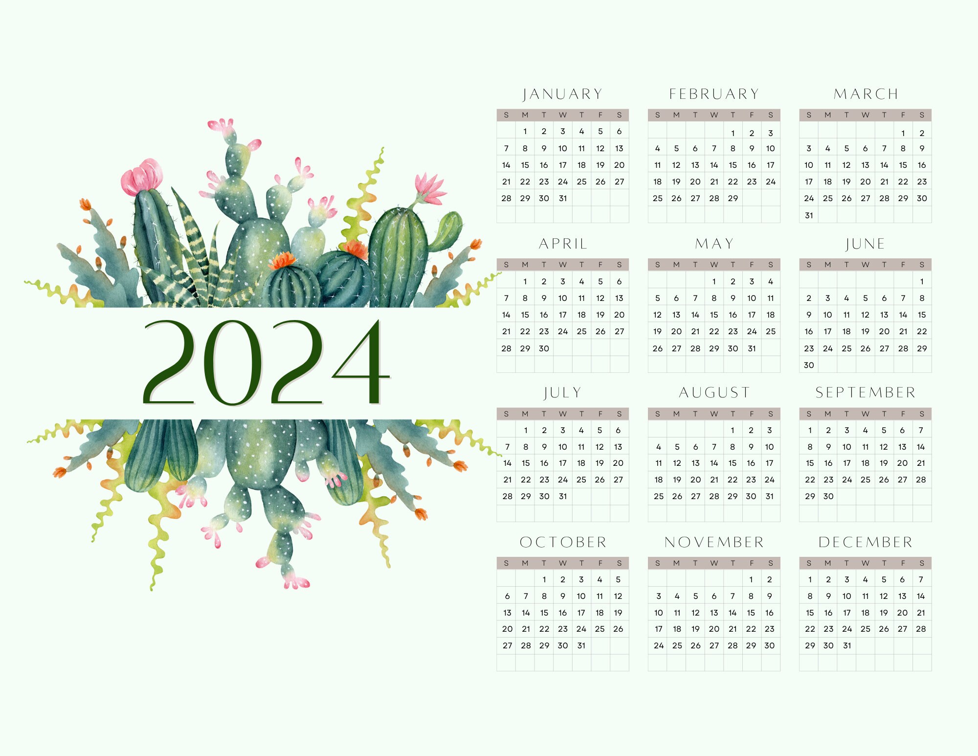 Cacti 2024 Calendar Etsy