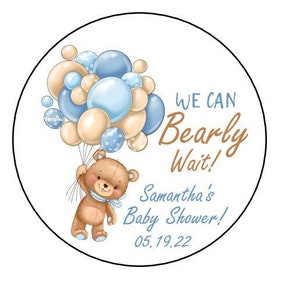 We Can Bearly Wait Baby Shower Stickers, Gift Tags, Blue, Balloons, 2.5&quot;, Round, Labels, Favors, Teddy Bear, Personalized (12 Count)