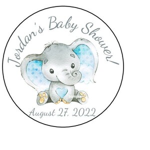 12 Blue Baby Elephant Boy Baby Shower Stickers, Personalized, Tags, Favor Stickers, Labels, 2.5&quot;, Round, Custom Made