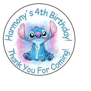 Stitch Birthday Party Stickers, Tags, Labels, Favors, Stamps, Personalized, 2.5&quot;, Round, Lilo & Stitch, Disney, Custom Made, (12 Count)