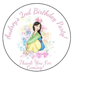 12 Personalized Mulan Birthday Party Stickers, Favor Stickers, Labels, tags 2.5&quot; Round Custom Made