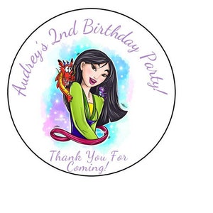 12 Personalized Mulan Birthday Party Stickers, Tags, Labels, Favor Stickers, 2.5&quot;, Round, Custom Made