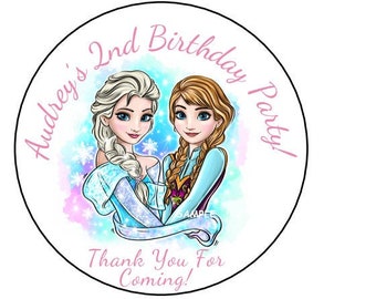 24 Personalised Frozen, Anna, Elsa, Olaf Stickers Round Party