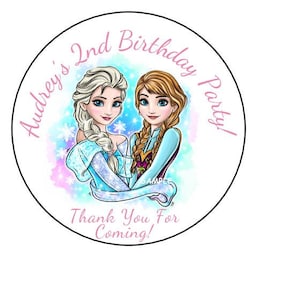12 Personalized Disney Frozen Anna and Elsa Birthday Party Stickers, Favors, Bag Box Labels, Tags, 2.5&quot;, Round, Custom Made