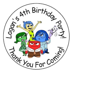 12 Personalized Inside Out Birthday Party Stickers, Labels, Tags, Favor Stickers, 2.5&quot;, Round, Custom Made