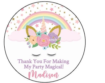 12 Personalized Rainbow Unicorn Birthday Party Favor Stickers, Labels, Tags, Floral, 2.5"