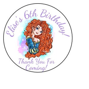 12 Personalized Merida Birthday Party Stickers, Labels, Gift Tags, Brave, Favor Stickers, 2.5", Round, Custom Made