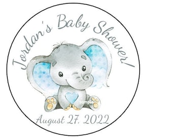 12 Blue Baby Elephant Boy Baby Shower Stickers, Personalized, Tags, Favor Stickers, Labels, 2.5", Round, Custom Made