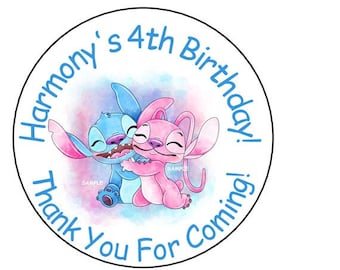 12 Personalized Stitch and Angel Birthday Party Stickers, Favor Stickers, Tags, Labels, 2.5", Round, custom made