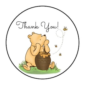30 Classic Winnie The Pooh thank you stickers, Labels, Envelope seals, tags, favors, stamps, 1.5&quot;, round, disney, Custom Made, baby shower