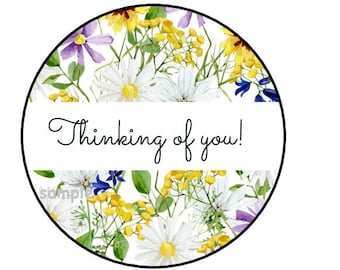 30 Floral Thinking of You Stickers, Labels, Envelope Seals, Stamps, 1.5", Round, Flowers, Wildflowers