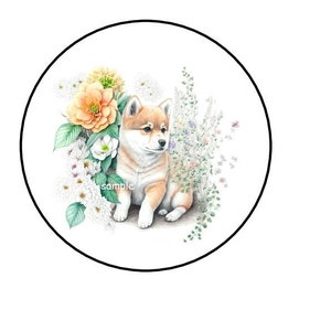 30 Floral Shiba Inu Stickers, Labels, Envelope Seals, Tags, Stamps, 1.5&quot;, Round, Sticker For Cards, Favors, Gifts, Letters