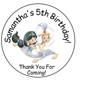12 Personalized Aladdin Birthday Party Favor Stickers, Goody Favor Box Labels, Tags, Decorations, Jasmine, 2.5&quot;, Round, Custom Made, Disney