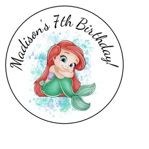 12 Personalized Baby Ariel Little Mermaid Stickers, Birthday Party, Labels, Goody bag Stickers, Tags, 2.5&quot;, round, Disney, Custom Made