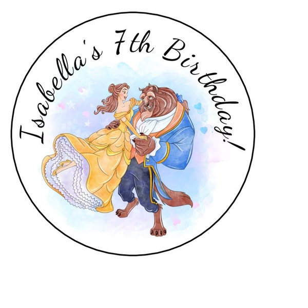 12 Personalized Beauty and the beast Birthday party sticker, Favor stickers, Goody Bag Labels, Belle, Custom Made