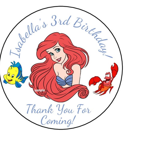 12 Personalized Little Mermaid Stickers, Ariel, Birthday Party, Favor stickers, goody bag stickers, labels, Custom Made
