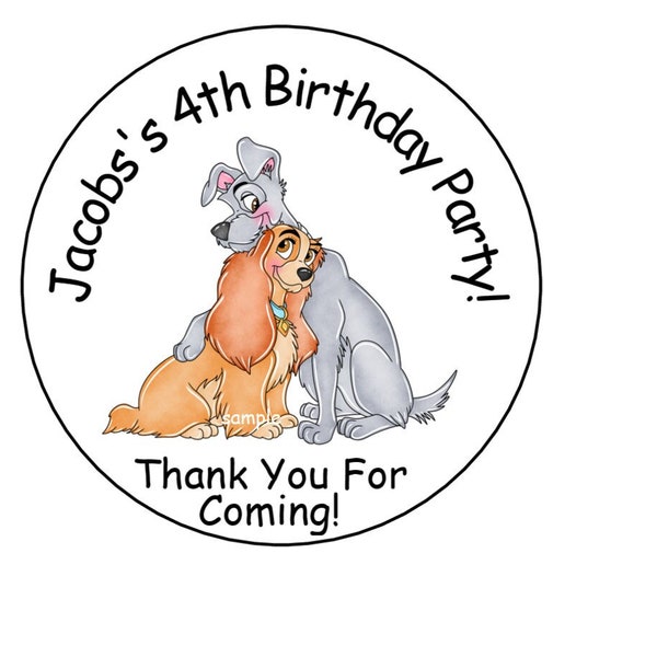 12 Personalized Lady and the Tramp Birthday Party Stickers, Tags, Favor Labels, 2.5", Round, Dogs, Custom Made