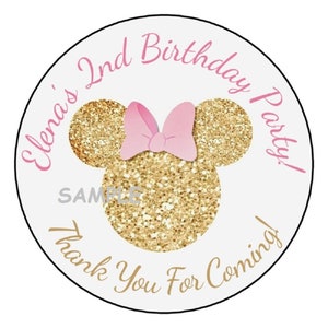 Minnie Mouse Birthday stickers labels tags favors goody bag labels round 2.5&quot; disney, custom made, personalized, Pink and Gold, Ears, Head