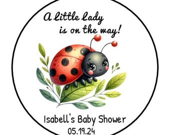 A Little Lady is on the Way Baby Shower Stickers, Lady Bug, Ladybug, Personalized, labels, Party Favors, Tags, 1.5", Round, (30 Count)
