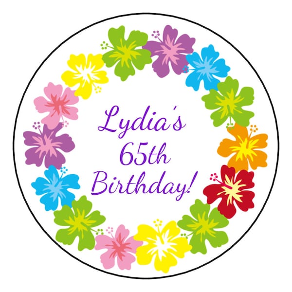 12 Luau Birthday Party Stickers, Tropical, Personalized, Labels, Favor Stickers, Tags, Hibiscus, Summer, 2.5", Round, Custom