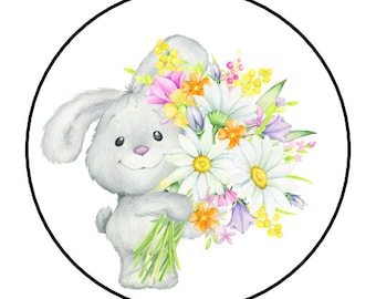 30 Cute Floral Bunny Stickers, Flowers, Bouquet, Labels, Tags, Envelope Seals, 1.5", round