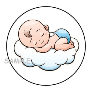 May include: A cartoon illustration of a baby sleeping on a cloud. The baby is wearing a blue diaper and has brown hair.