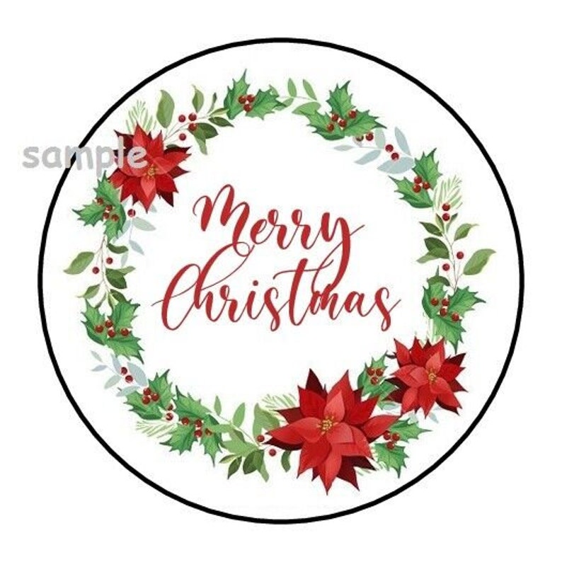 30 Merry Christmas Envelope Seals Labels Stickers 1.5" Round Wreath ...