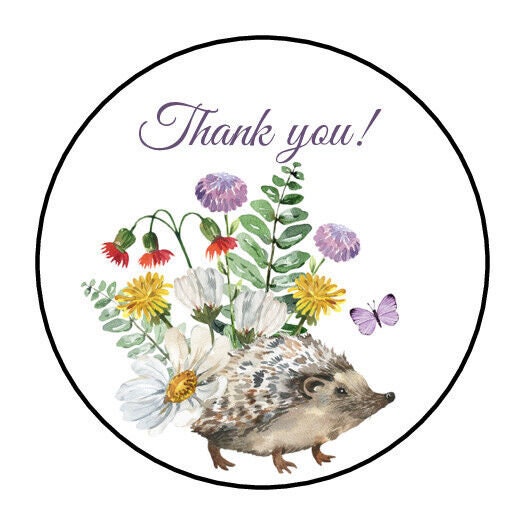 30 Thank You Envelope Seals Labels Stickers 1.5" Round Floral Hedgehog ...
