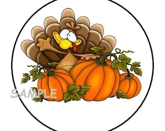 30 thanksgiving envelope seals labels stickers 1.5" round silly turkey pumpkins