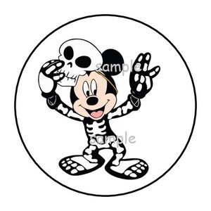 May include: A black and white illustration of Mickey Mouse dressed as a skeleton for Halloween. He is wearing a skull mask and has a skeleton costume on. The image is in a circle.