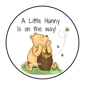30 A little hunny is on the way baby shower stickers, Classic winnie the pooh, Custom Made, Disney, 1.5&quot;, round
