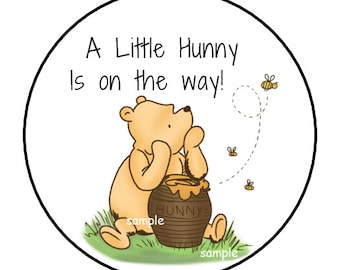 30 A little hunny is on the way baby shower stickers, Classic winnie pooh, Custom Made, 1.5", round