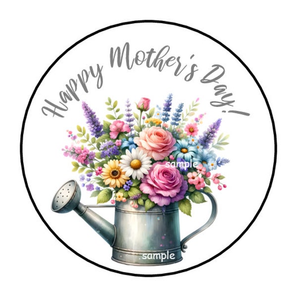 30 Happy Mother's Day Stickers, Watering Can, Wildflowers, Floral, Labels, Envelope Seals, Tags, 1.5", Round