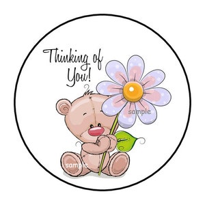 30 Cute Thinking of You Teddy Bear Stickers, Envelope Seals, Labels, Tags, Stamps, 1.5&quot;, Round, Flower, Floral