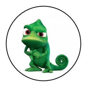 May include: A green chameleon with a curled tail and a grumpy expression. The chameleon is standing on a white background.