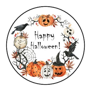 30 Happy Halloween Stickers, Pumpkins, Envelope Seals, Labels, Tags, Stamps,1.5&quot;, Round, Wreath